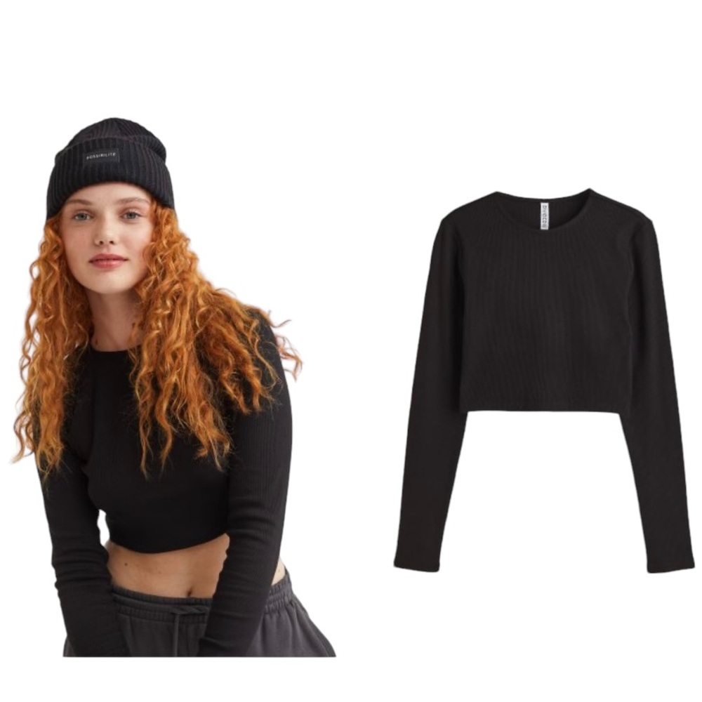NWT H&M Divided Black Ribbed Long Sleeve Crop Top Sz L
